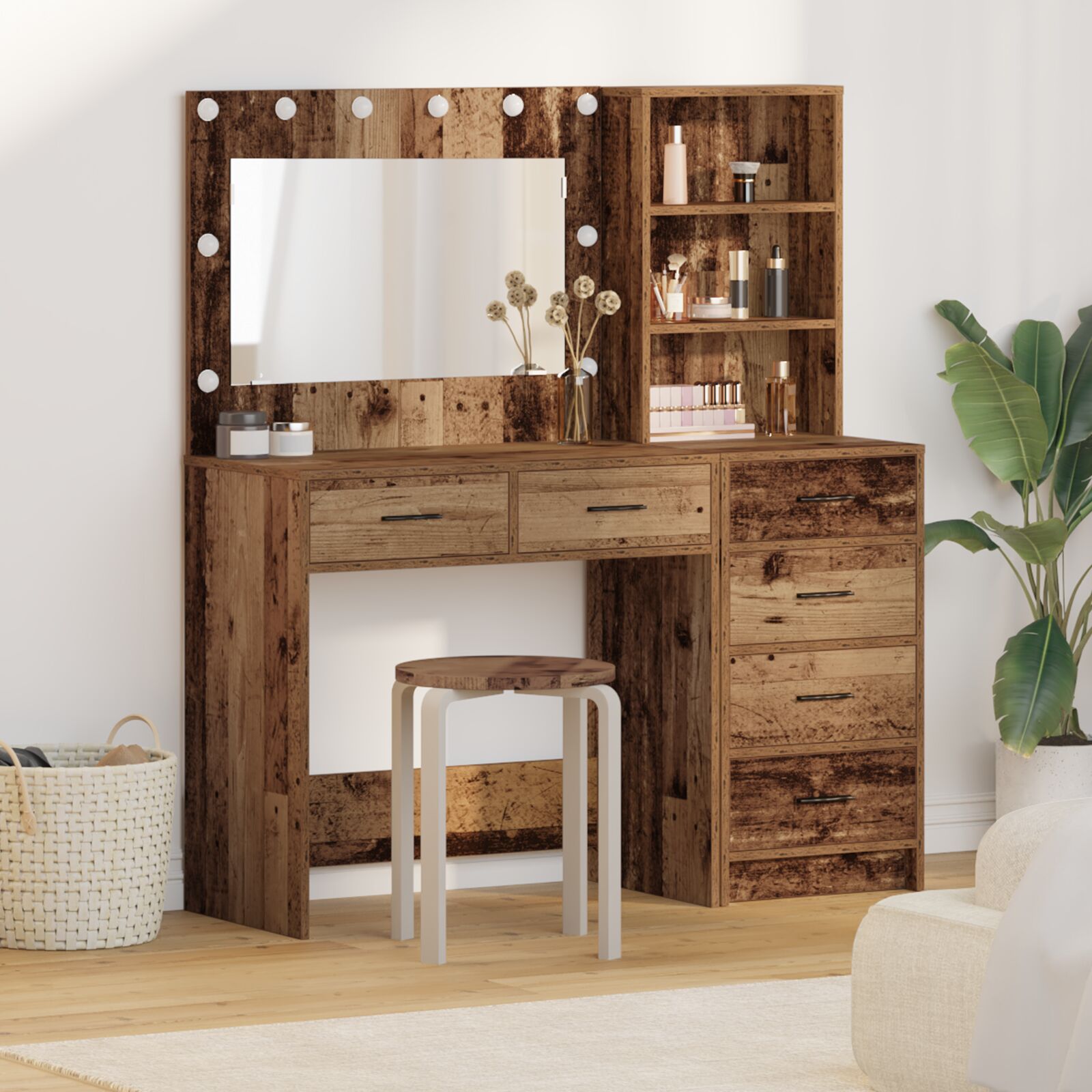 vidaXL 2 Teiliges Schminktischset mit LED alte Holzoptik Spanplatte