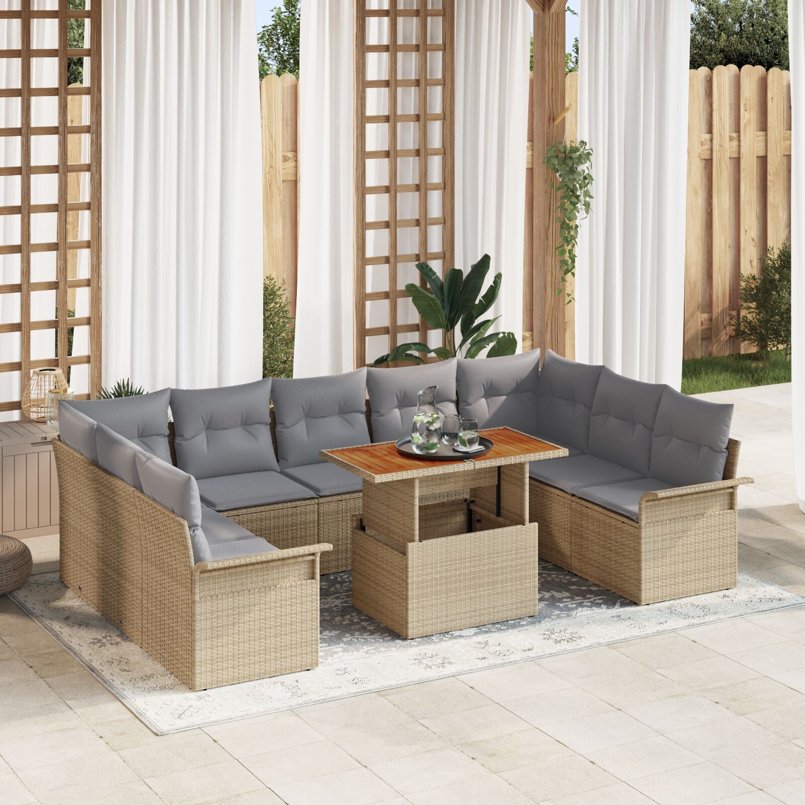 vidaXL 10-teiliges Garten Esszimmer Set mit Kissen Beige Poly Rattan Akazie