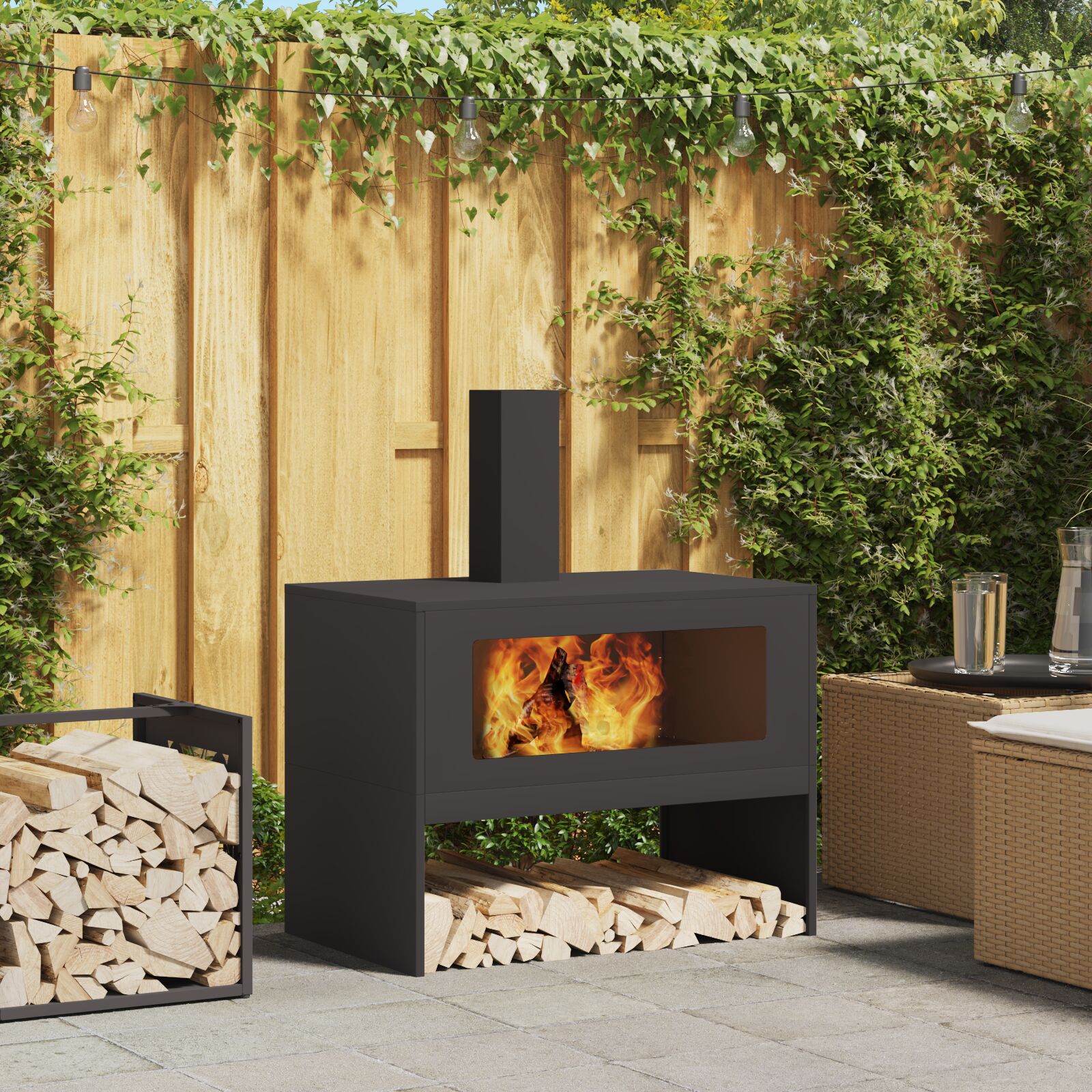 vidaXL Feuerschale mit Schornstein Schwarz 80x50x96 cm Stahl