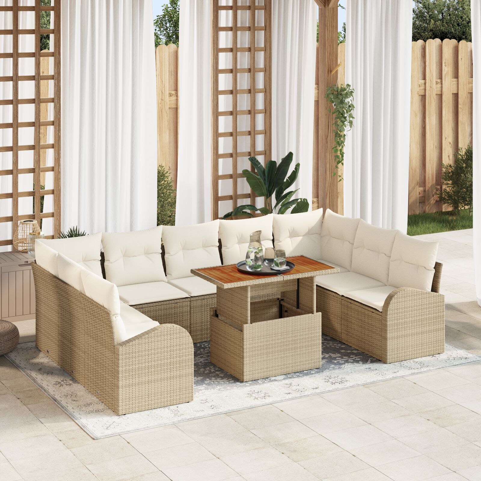 vidaXL 10-teiliges Garten Essset mit Kissen beige Poly Rattan Akazie