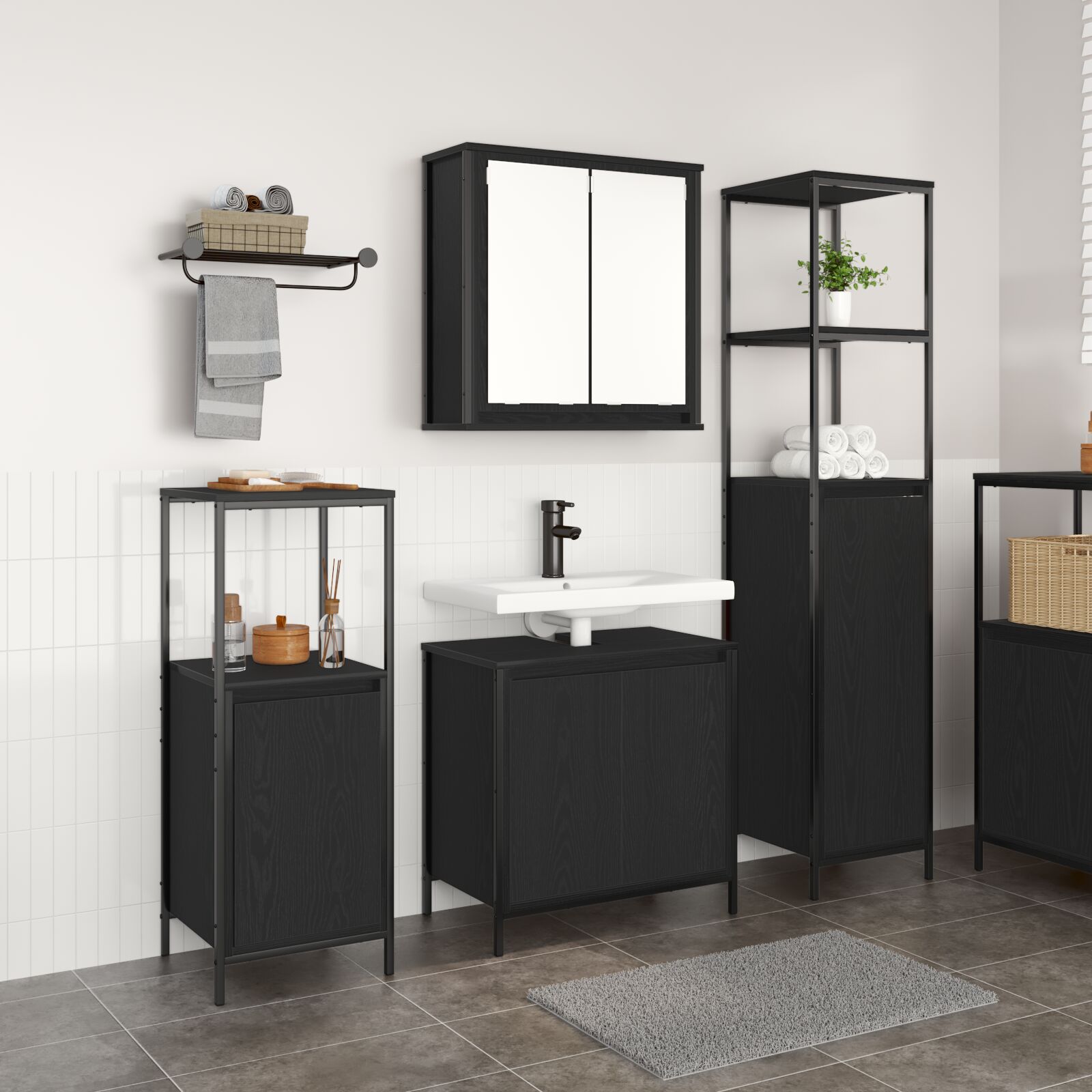 vidaXL 3-teiliges Badezimmer Möbelset Schwarz Eichenholz Werkstoff
