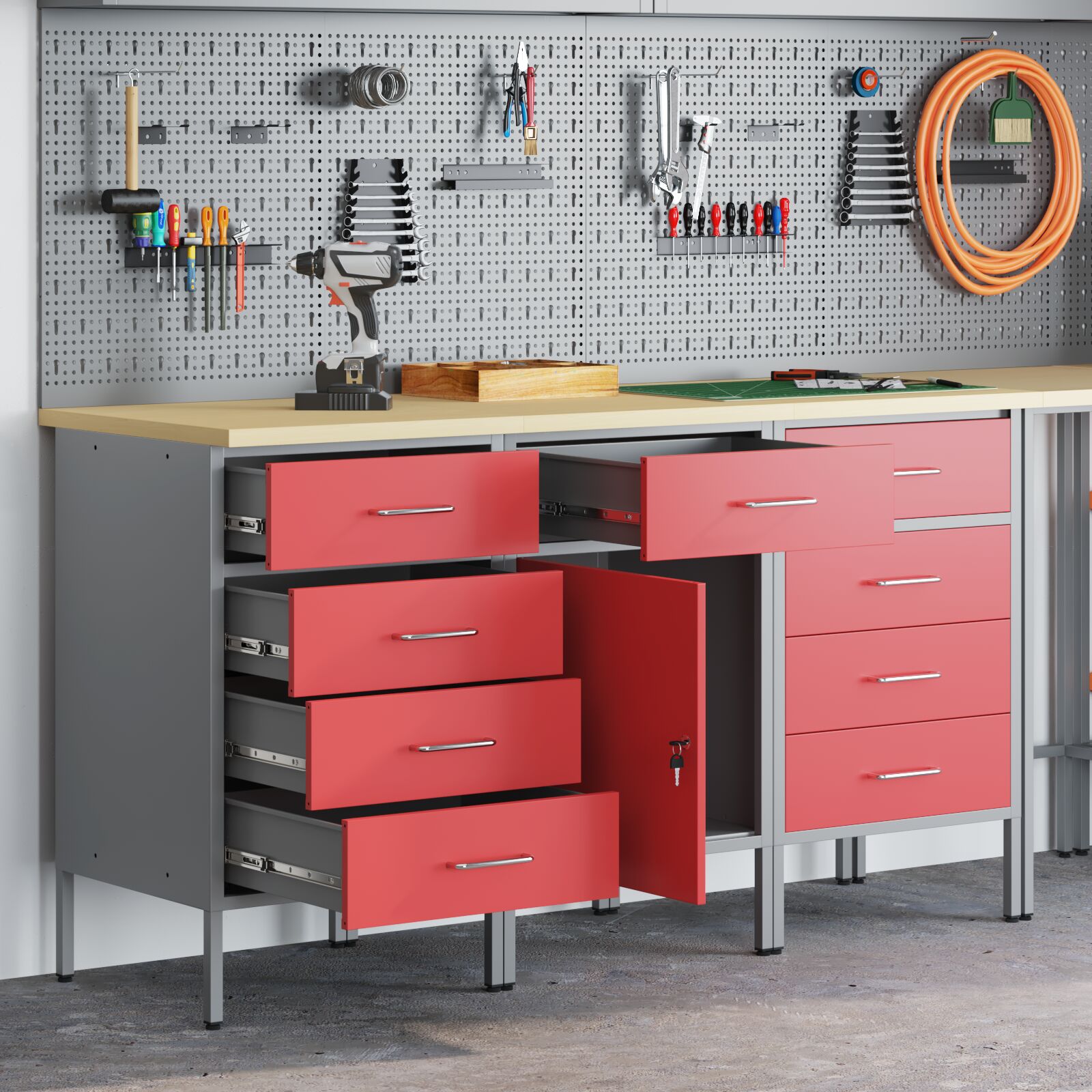 vidaXL 3-teiliges Werkbank-Schrank-Set in Rot und Grau aus Holzwerkstoff und Stahl