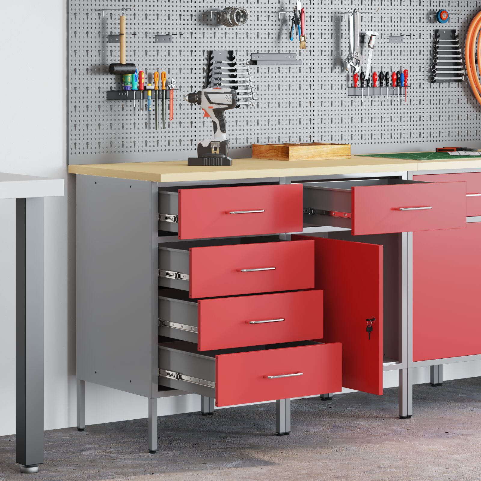 vidaXL 2-teiliges Werkstatt-Schränkeset in Rot und Grau, aus Holzwerkstoff und Stahl