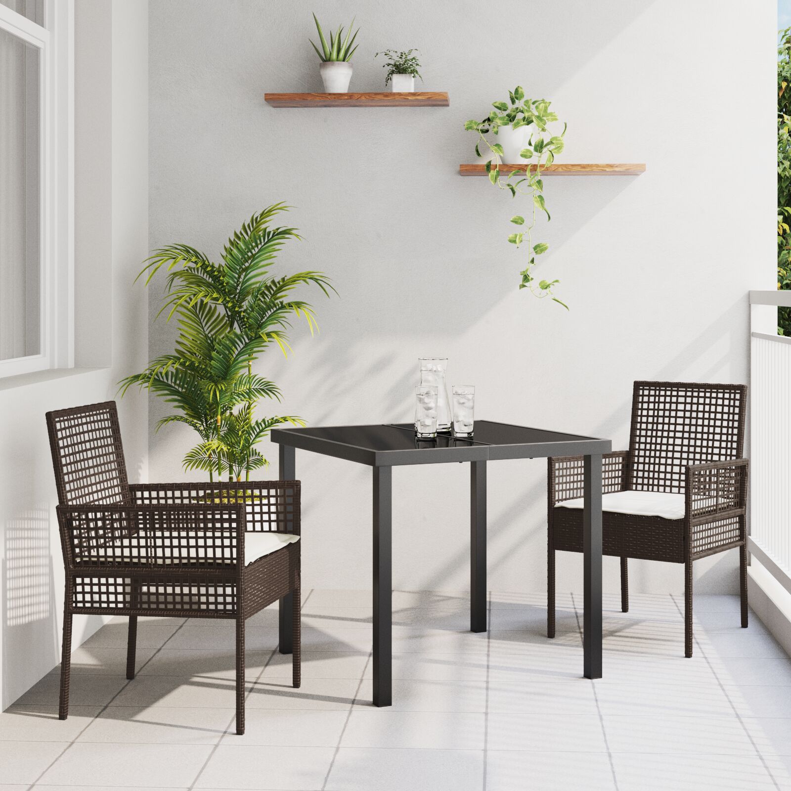 vidaXL 3-teilige Garten Esstisch Set mit Kissen Braun Poly Rattan