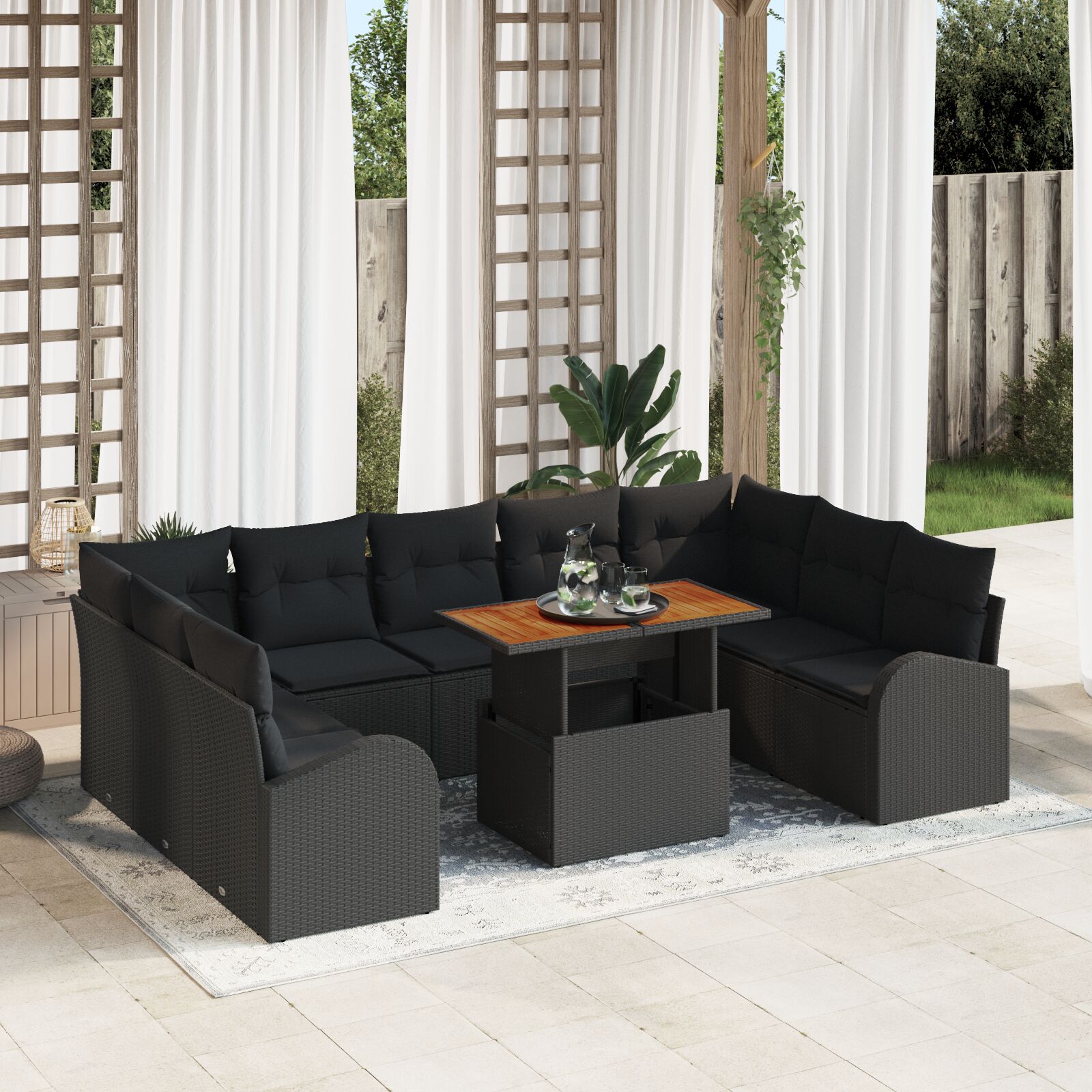 vidaXL 10-teilige Garten Essgruppe mit Kissen Schwarz Poly Rattan Akazie