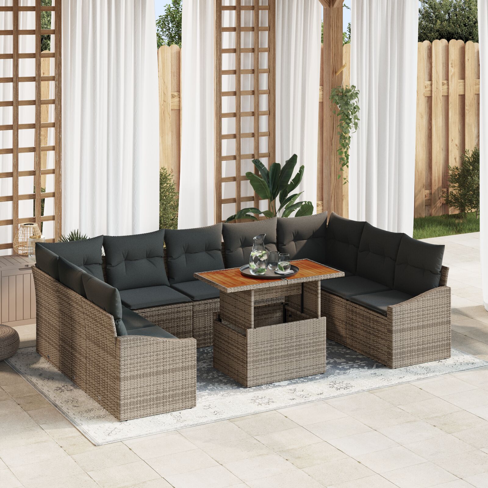 vidaXL 10-teiliges Garten Esstisch Set mit Kissen Grau Poly Rattan Akazie