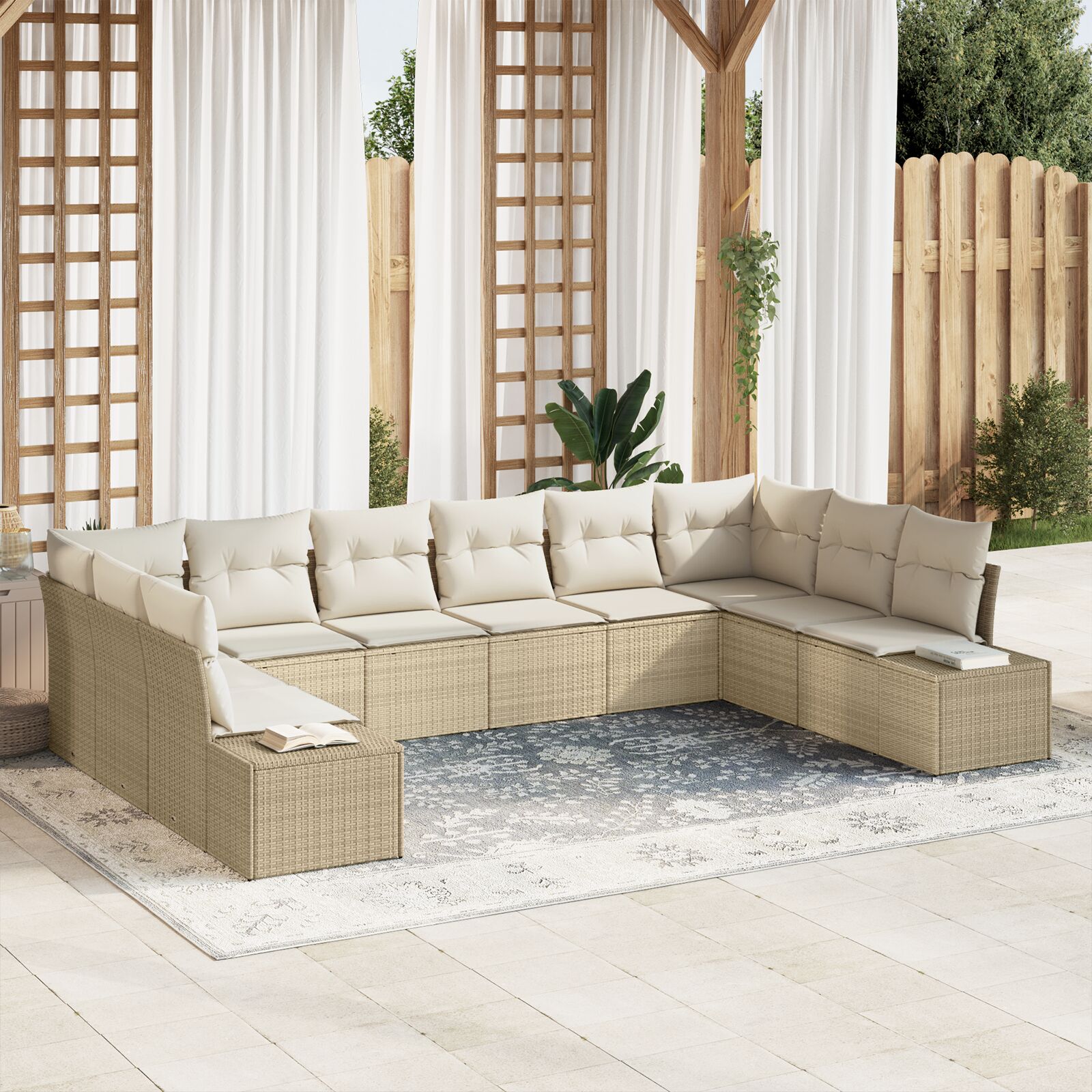 vidaXL 10-teiliges Garten Sofa Set mit Kissen Beige Poly Rattan