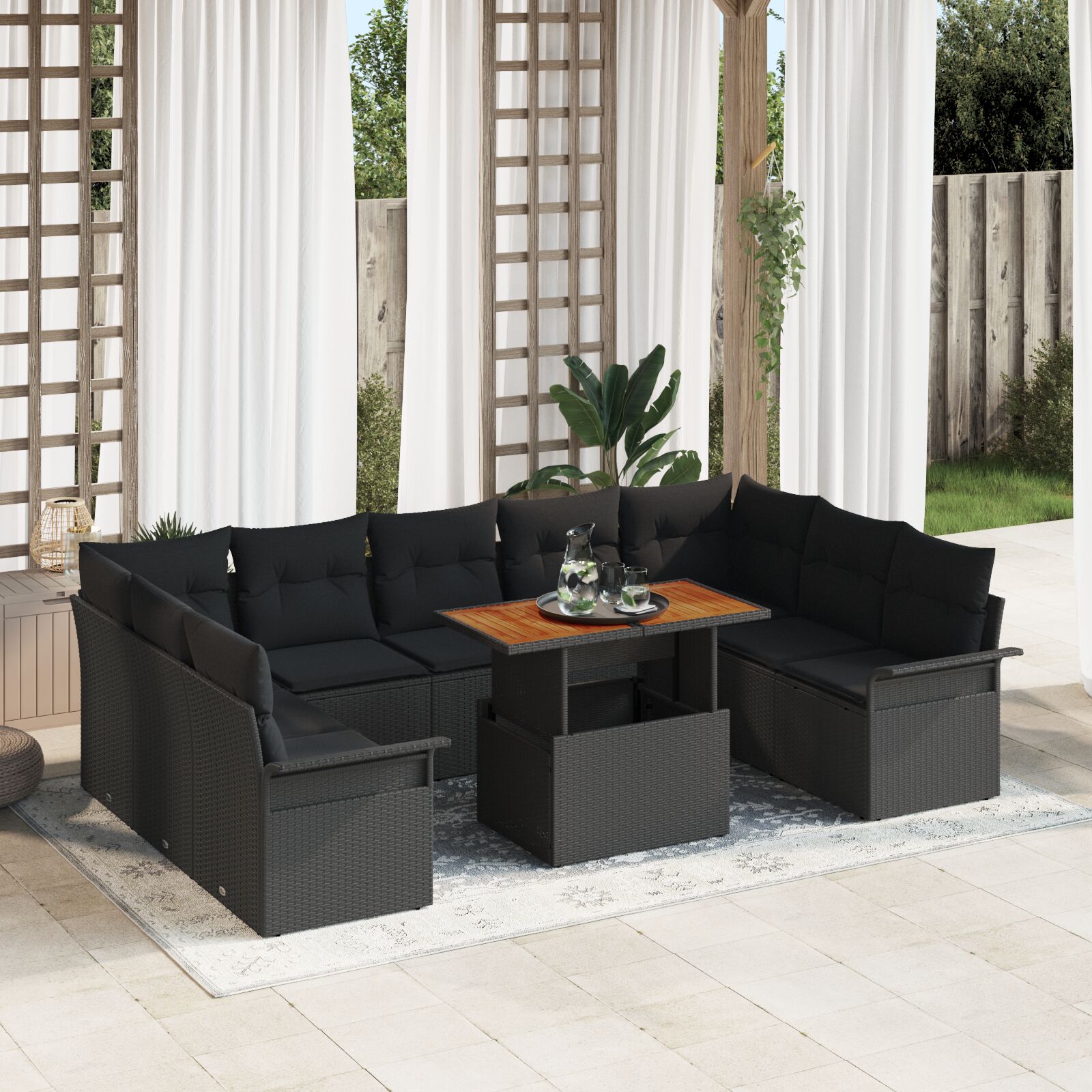 vidaXL 10-teilige Garten Essgruppe mit Kissen Schwarz Poly Rattan Akazie