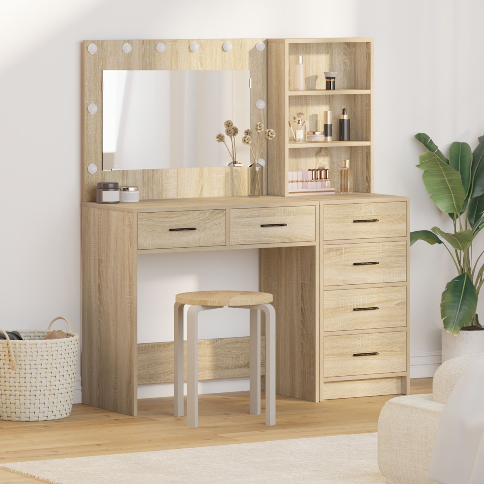 vidaXL 2-teiliger Kosmetiktisch Set mit LED Sonoma Eiche Spanplatte