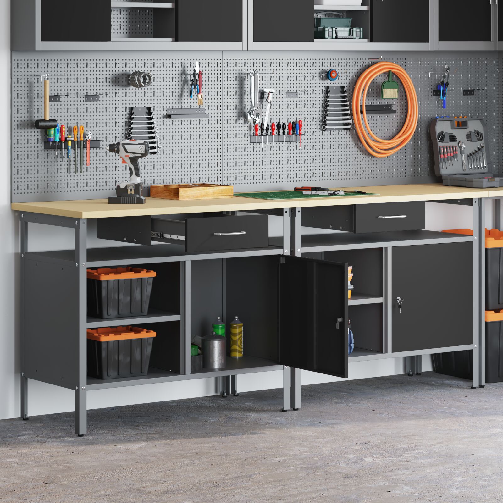 vidaXL 2-teiliges Werkbank-Set in Schwarz aus Stahl