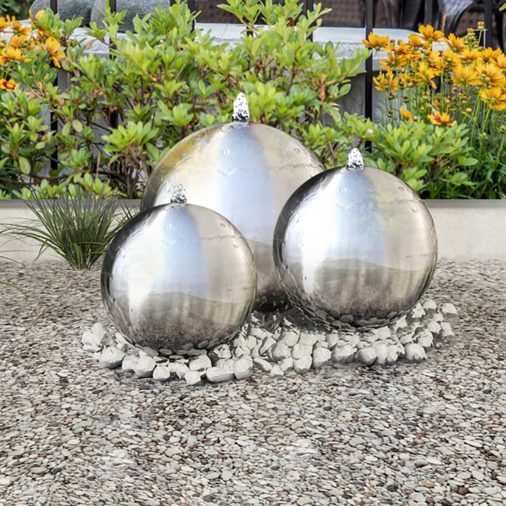 vidaXL 3 Stk. Garten-Springbrunnen Sphäre mit LEDs Edelstahl 