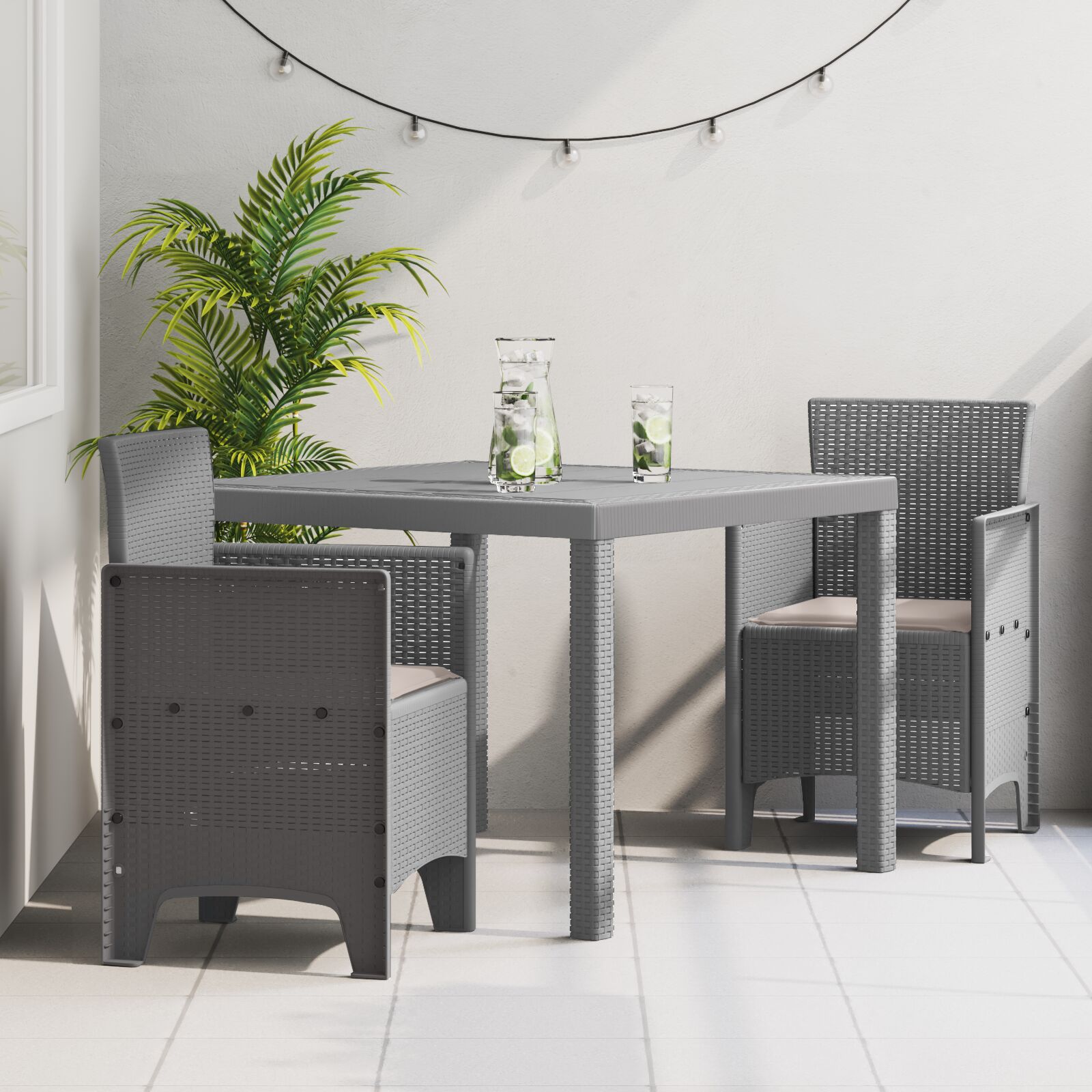 vidaXL 3-teilige Garten Essgruppe mit Kissen Helles Grau Poly-Rattan