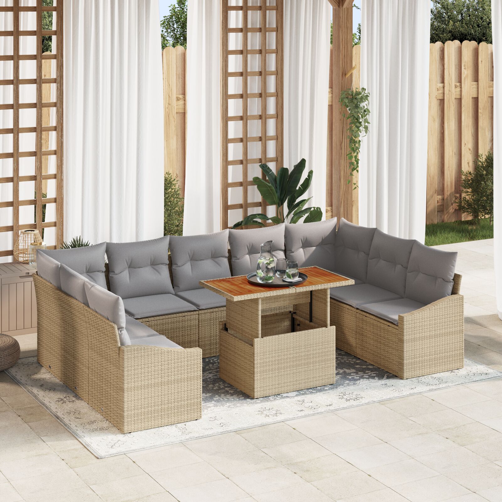 vidaXL 10-teiliges Garten Esszimmer Set mit Kissen Beige Poly Rattan Akazie