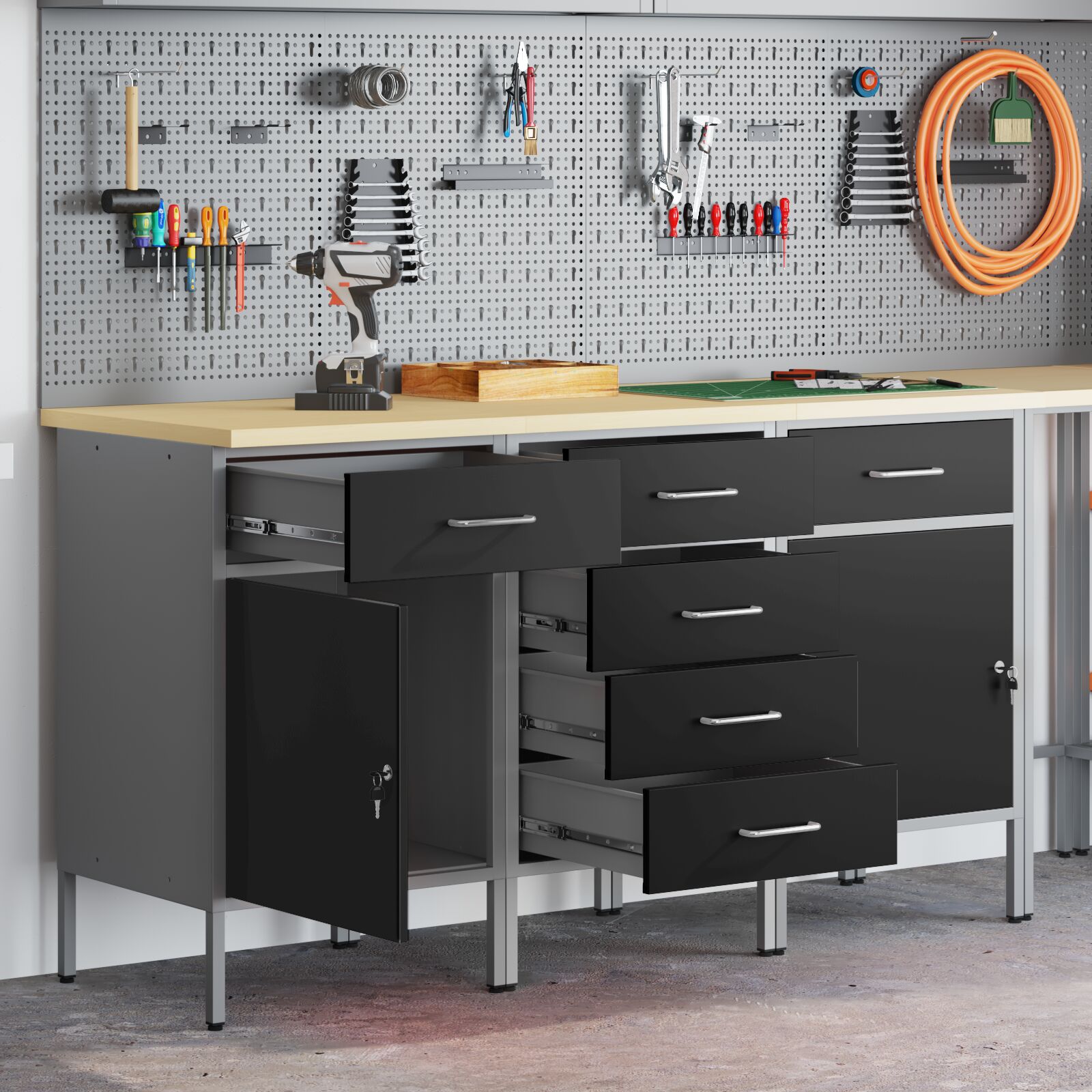 vidaXL 3-teiliges Werkbank-Set in Schwarz und Grau aus Holzwerkstoff und Stahl