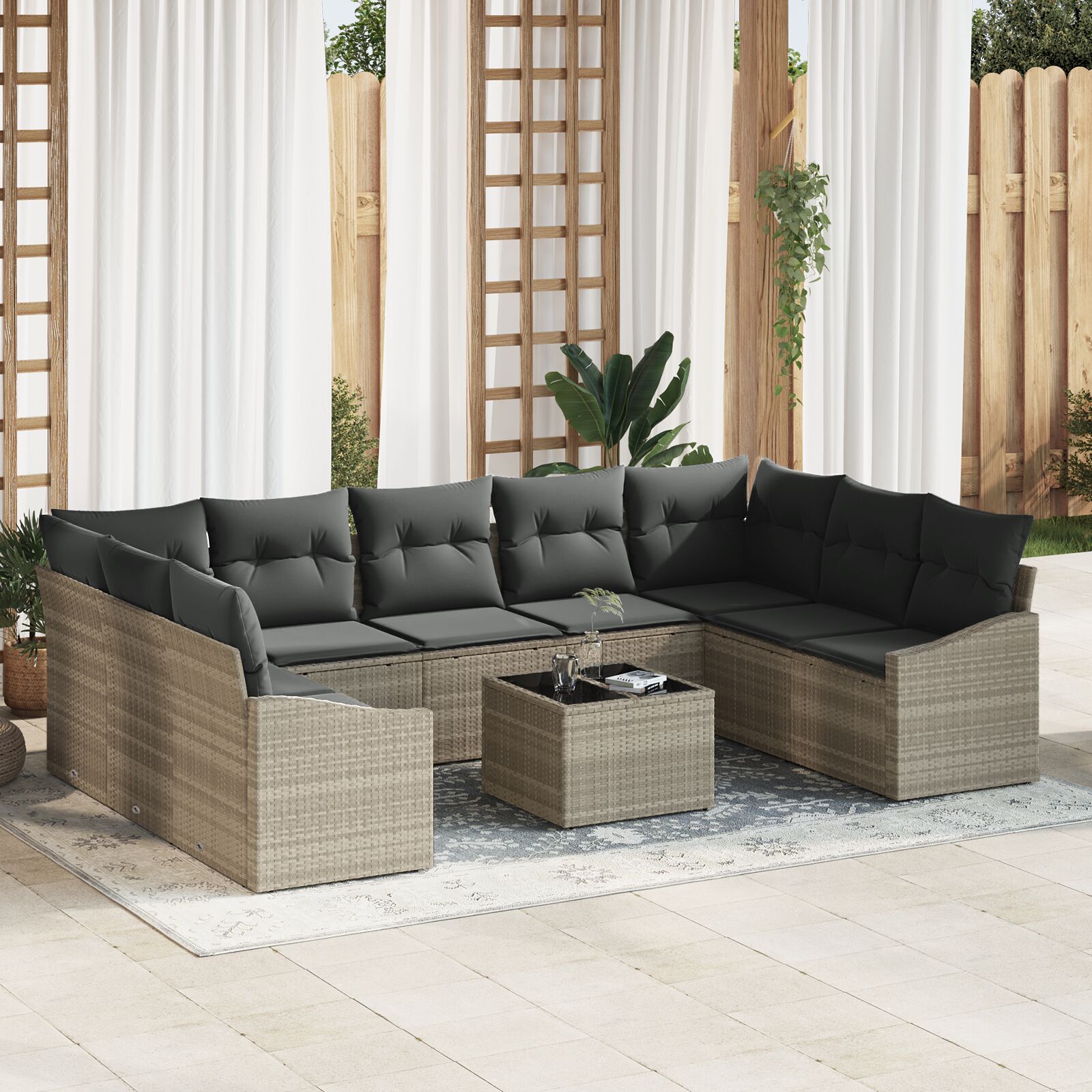 vidaXL 10-teiliges Garten Essgruppe mit Kissen Grau Poly Rattan