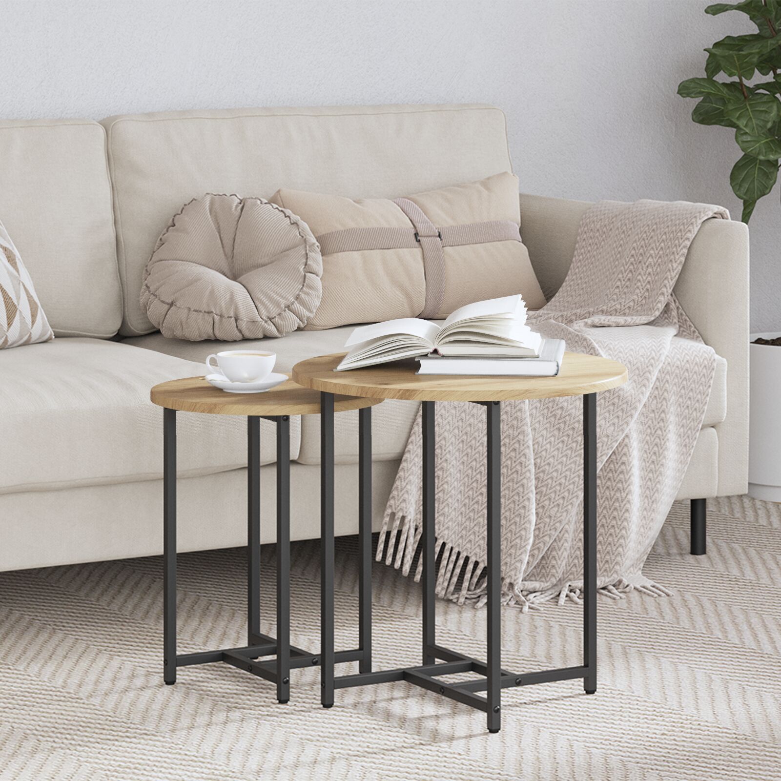 vidaXL 2er Set Beistelltische Artisan aus Eichenholz, MDF und Metall