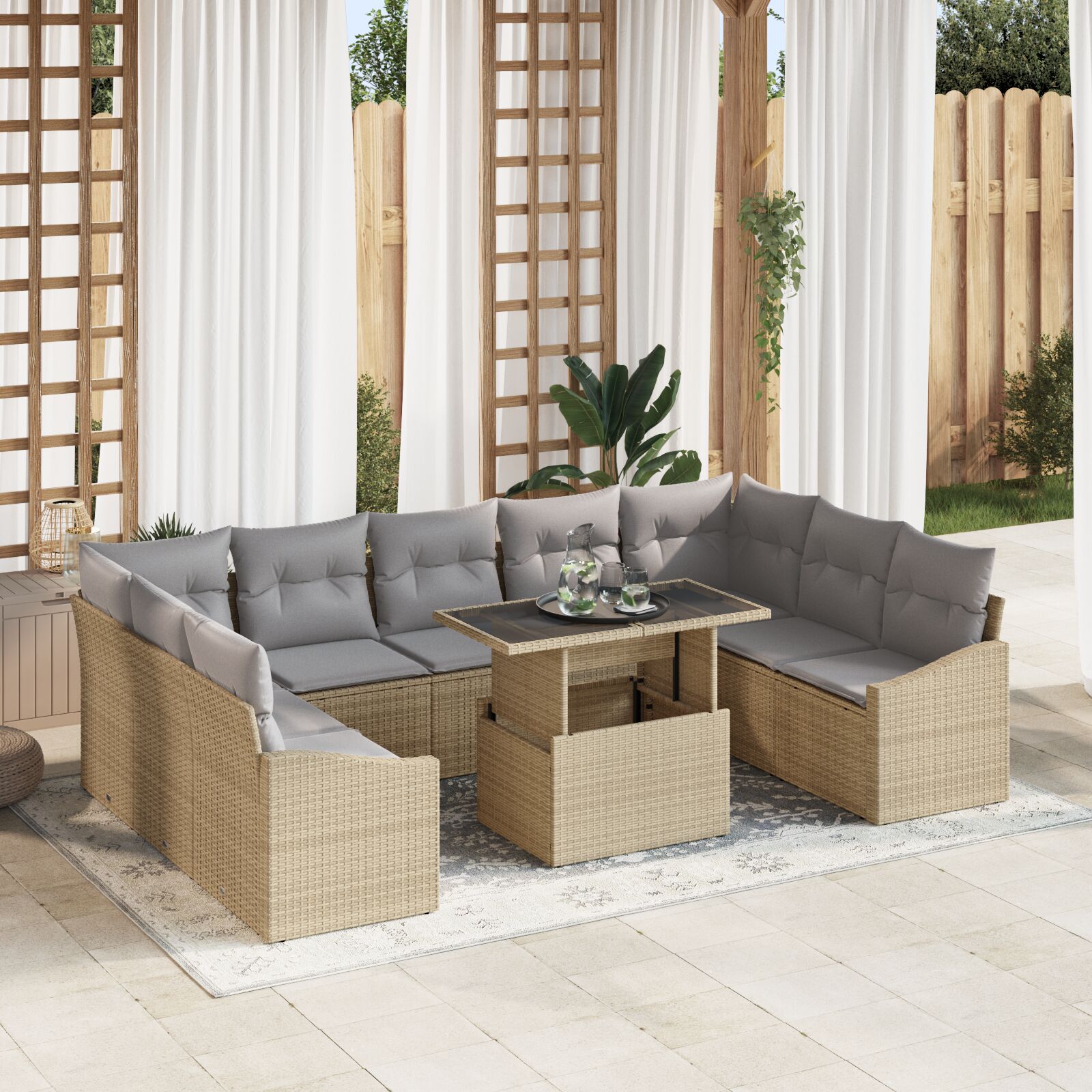 vidaXL 10-teiliges Garten Sofa Set mit Kissen Beige Poly Rattan