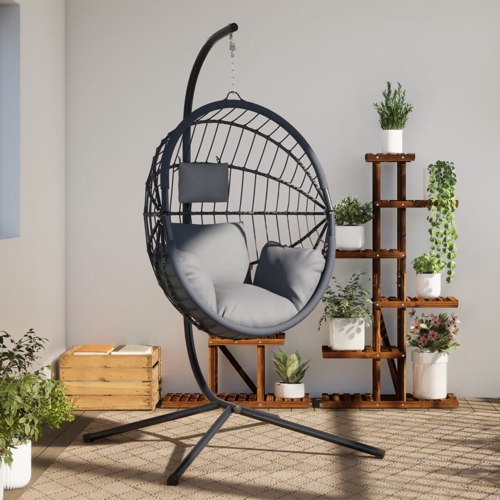 vidaXL Hängesessel Ei-Design mit Ständer Grau Rattan und Stahl