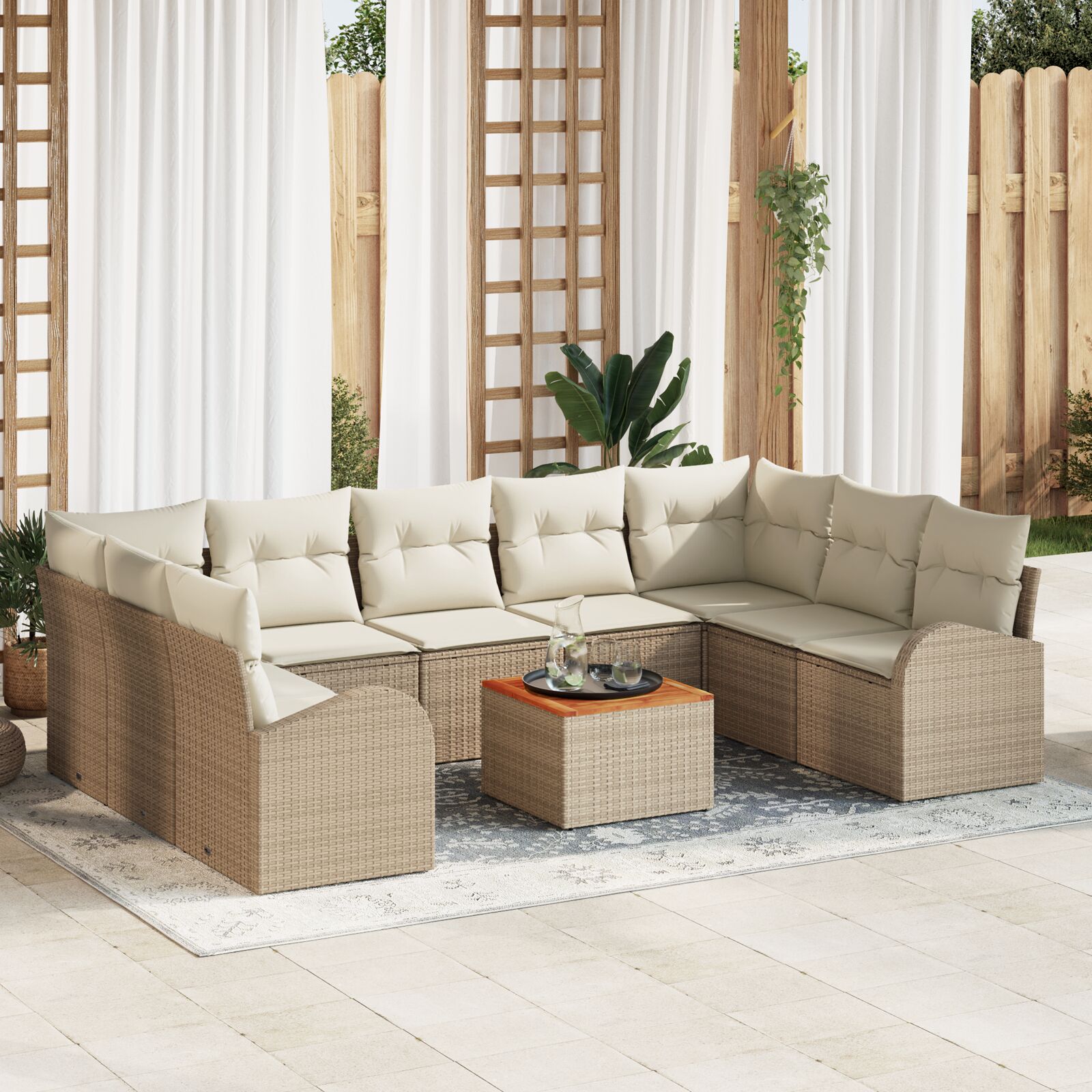 vidaXL 10-teiliges Garten Sofa Set mit Kissen Beige Poly Rattan Akazienholz