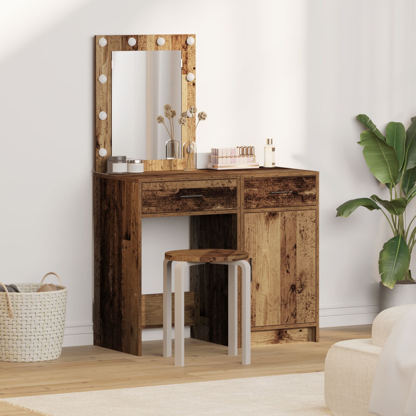vidaXL 2-teiliges Schminktisch Set mit LED im Altholz-Finish