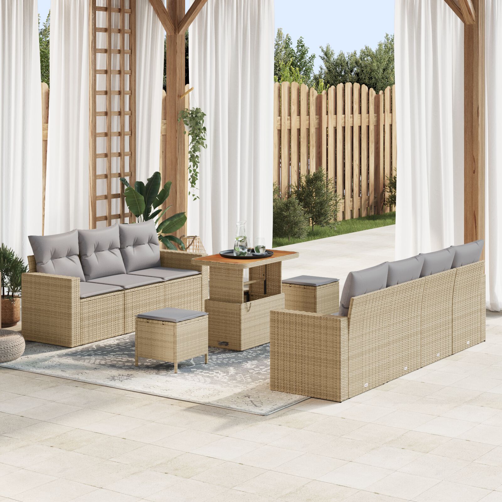 vidaXL 10-teilige Garten Sofa Set mit Kissen Beige Poly Rattan Akazie, vidaXL 3-teilige Garten Essgruppe mit Kissen Beige Poly Rattan Akazie