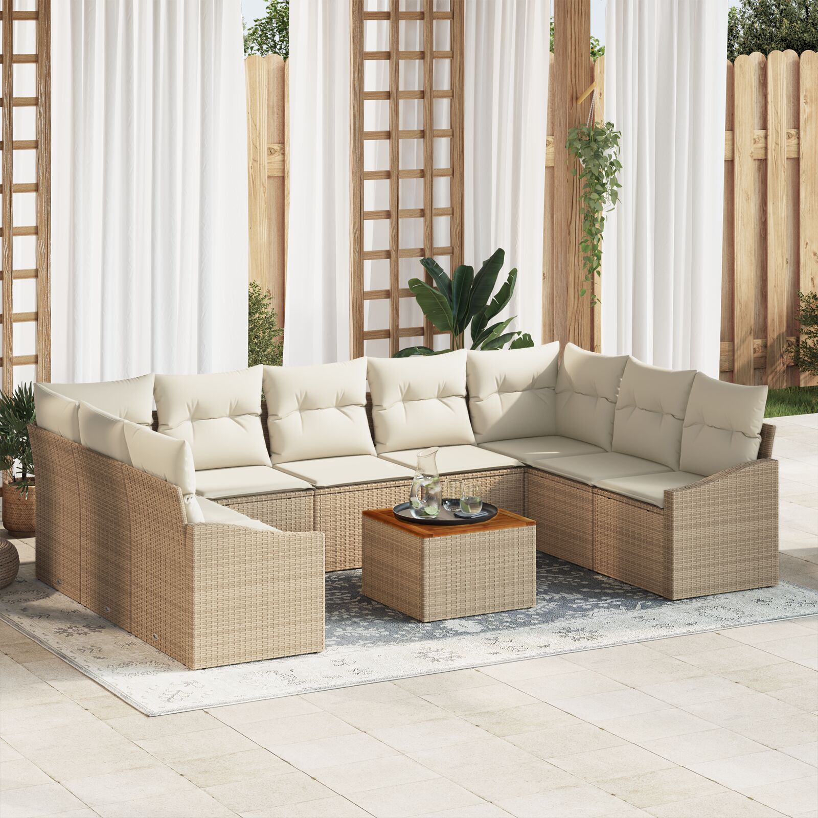 vidaXL 10-teiliges Garten Sofa Set mit Kissen Beige Poly Rattan Akazie