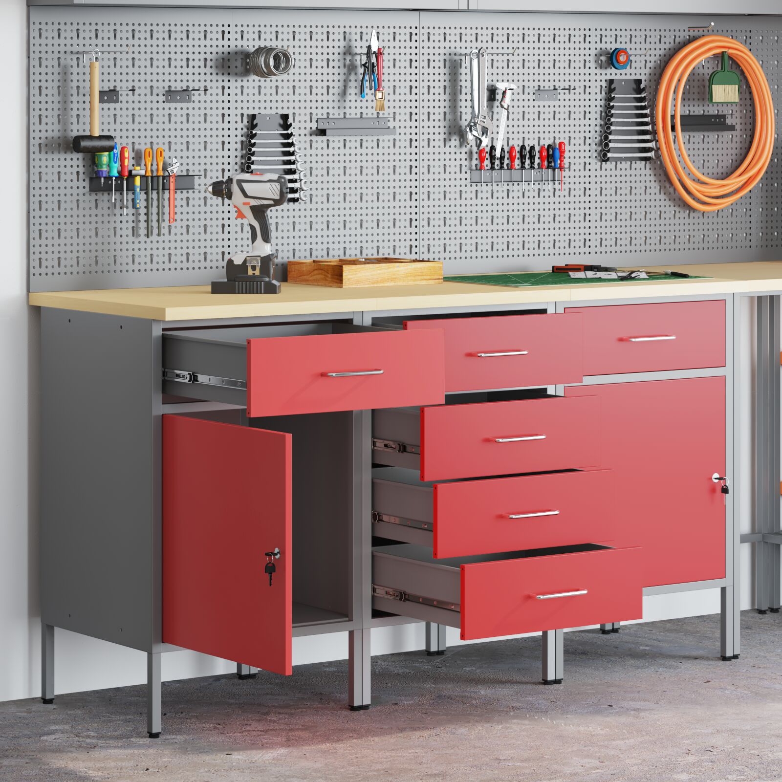 vidaXL 3-teiliges Werkstattschrank-Set in Rot und Grau aus Holzwerkstoff und Stahl