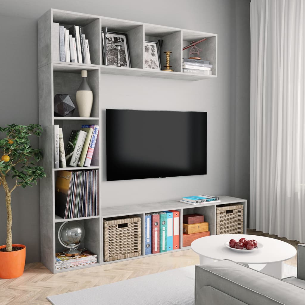 vidaXL 3-tlg. Bücher-/TV-Schrank Set Betongrau 180x30x180 cm