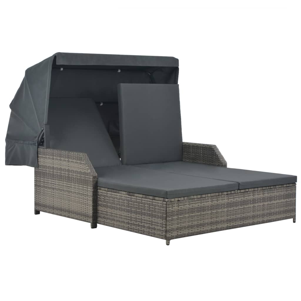 vidaXL 2-Personen-Sonnenliege mit Sonnendach Poly Rattan Grau