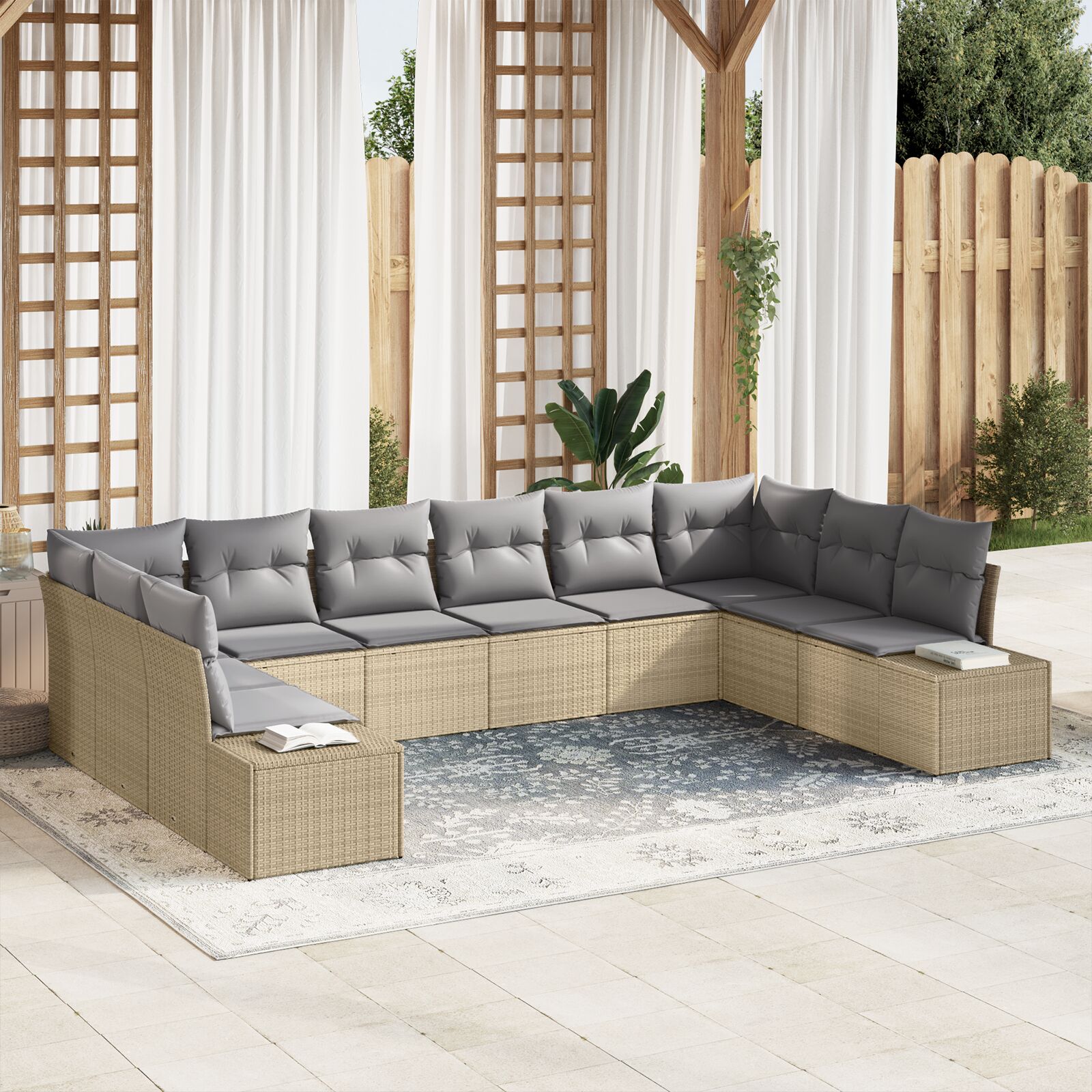 vidaXL 10-teiliges Garten Sofa Set mit Kissen Beige Poly Rattan