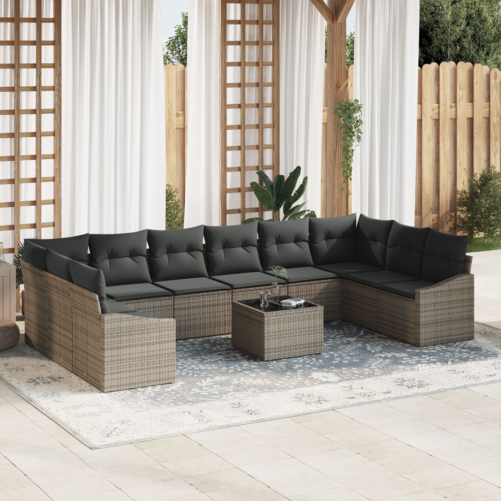 vidaXL 10-teiliges Garten Essset mit Kissen schwarzes Poly Rattan