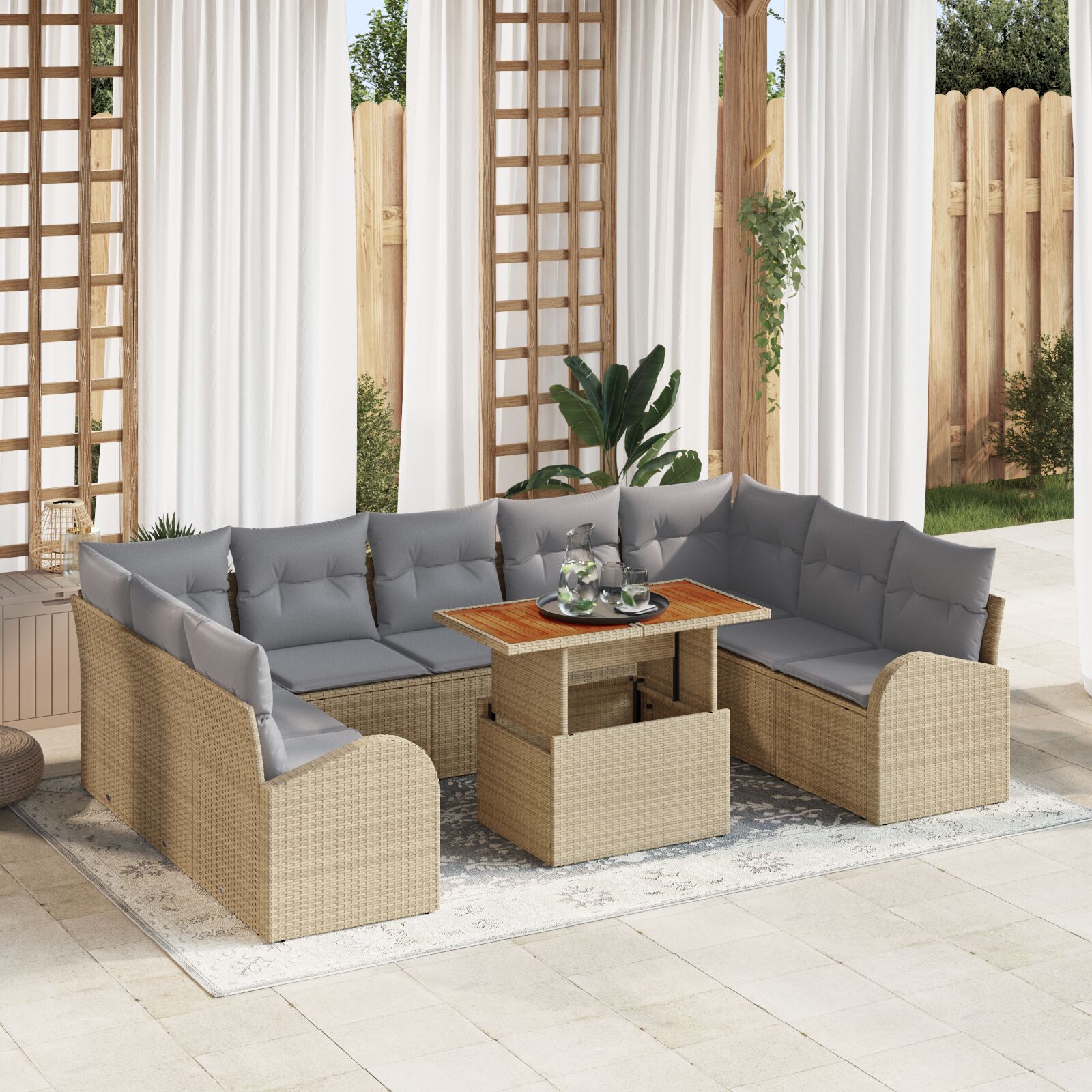 vidaXL 10-teiliges Garten Essgruppe mit Kissen Beige Poly Rattan Akazie