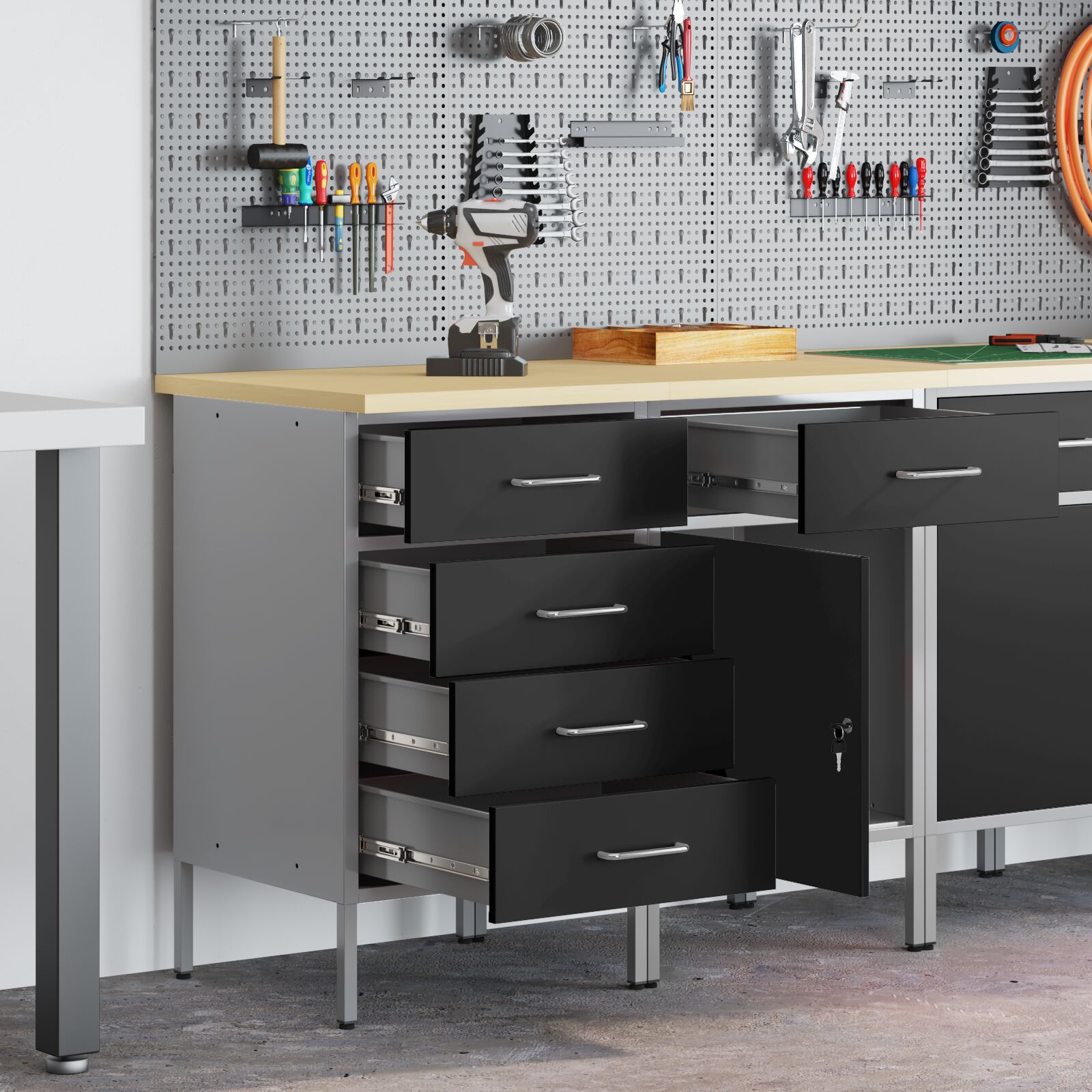 vidaXL 2-teiliges Werkstattschrank-Set in Schwarz und Grau aus Holzwerkstoff und Stahl
