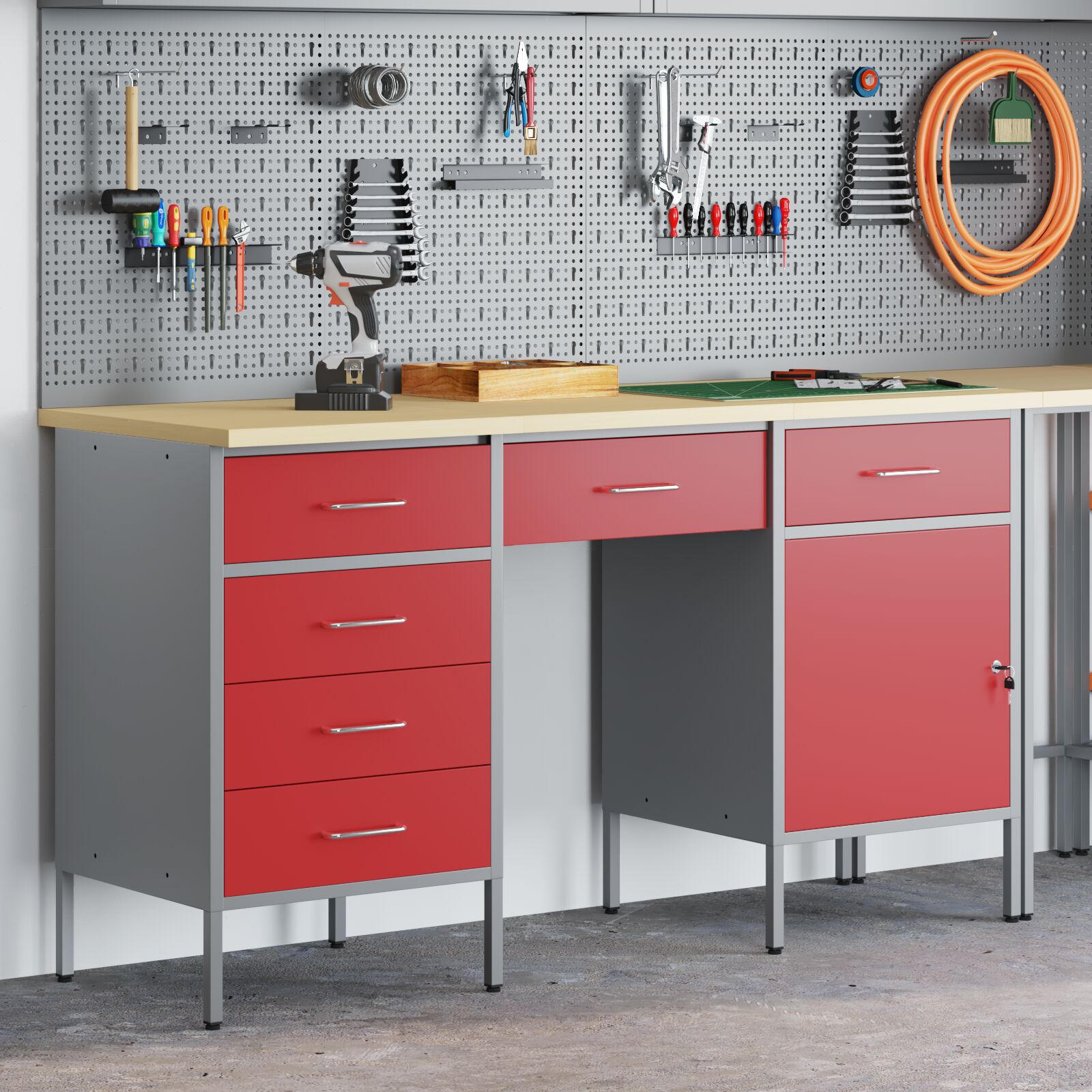 vidaXL 3-teiliges Werkstatt- und Tischset in Rot aus beschichtetem Holz und Stahl