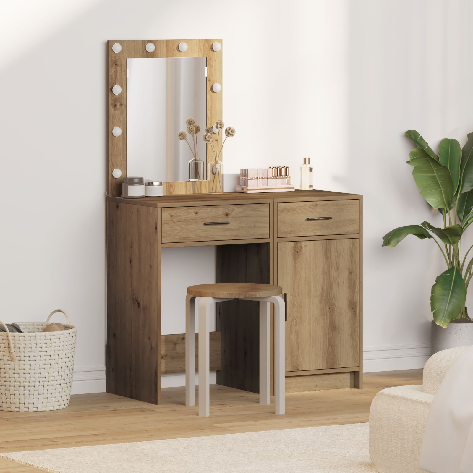 vidaXL 2-teiliges Frisiertisch Set mit LED in Artisan Eiche Holzwerkstoff