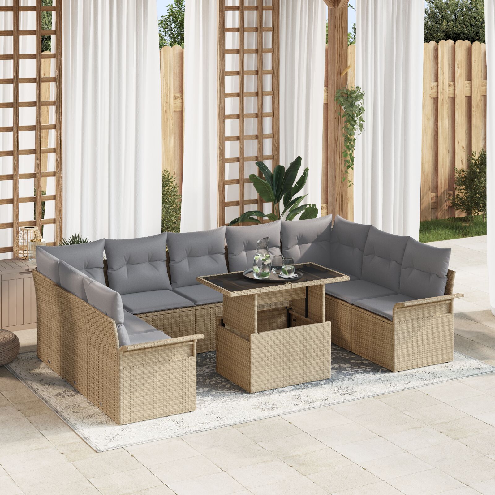 vidaXL 10-teiliges Garten Sofa Set mit Kissen Beige Poly Rattan