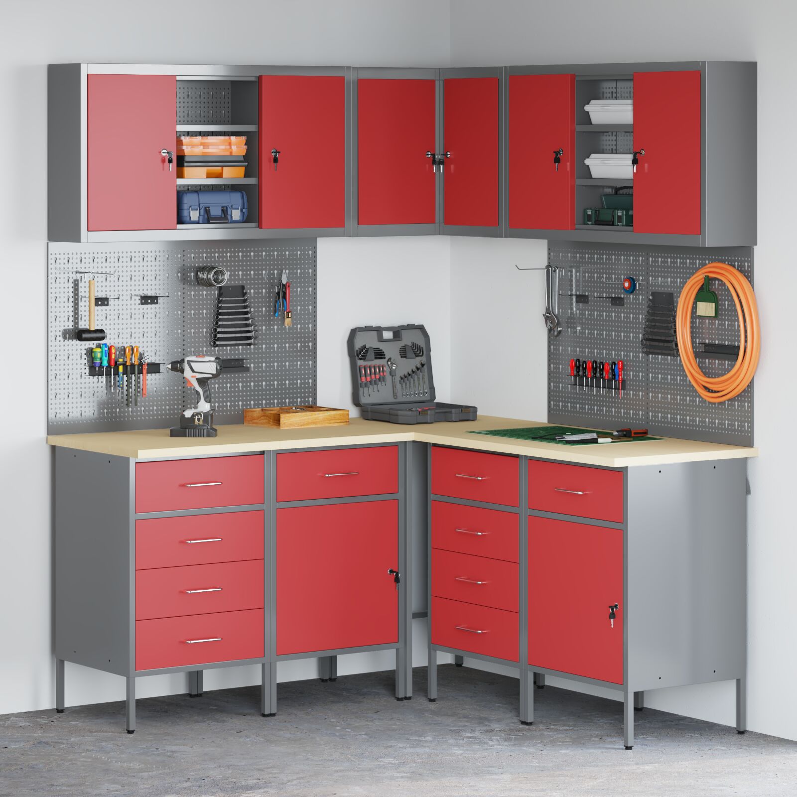 vidaXL 12-teiliges Werkstattschrank- und Pegboard-Set in Rot aus MDF und Metall