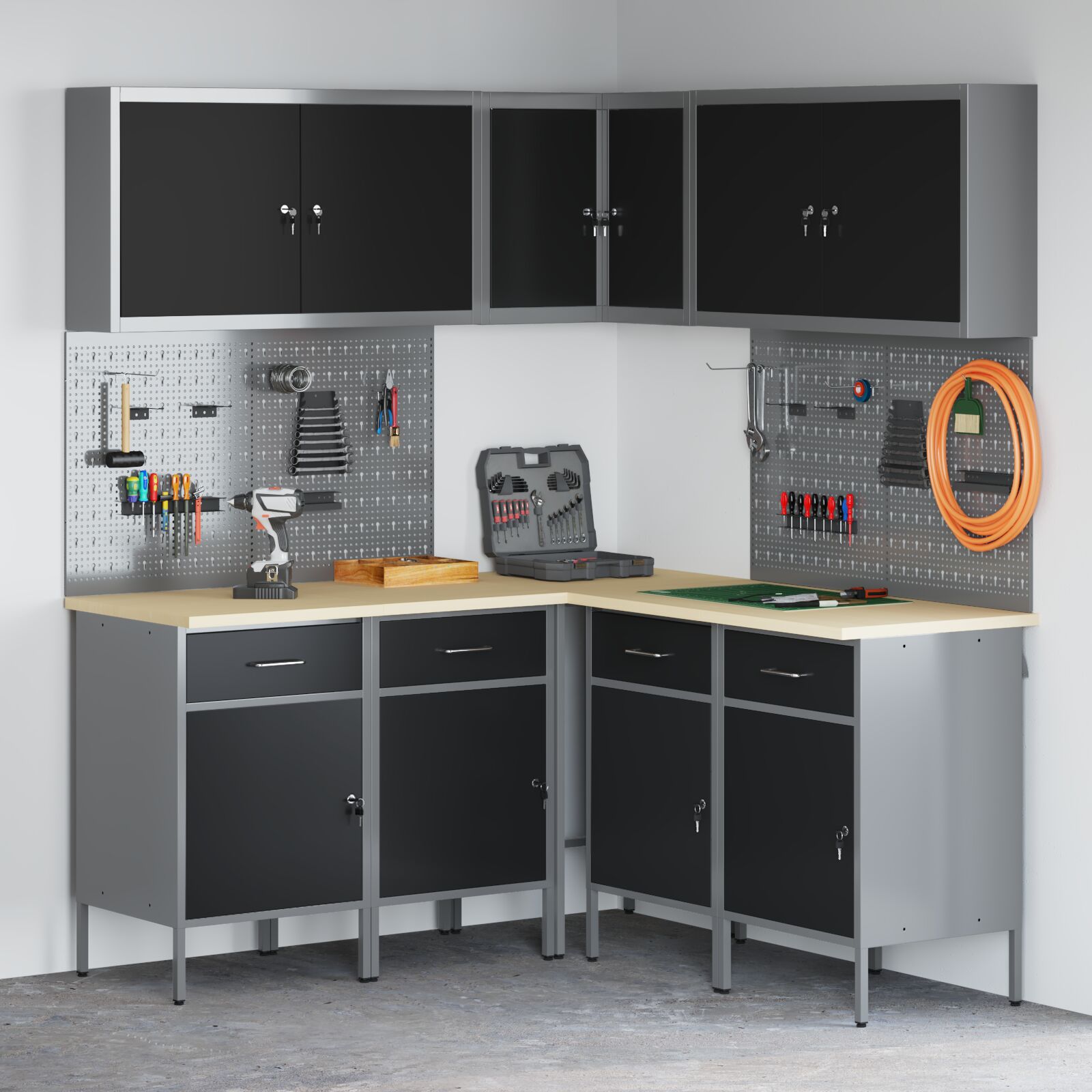 vidaXL 12-teiliges Werkstattschrank- und Lochblechset in Schwarz aus MDF und Metall