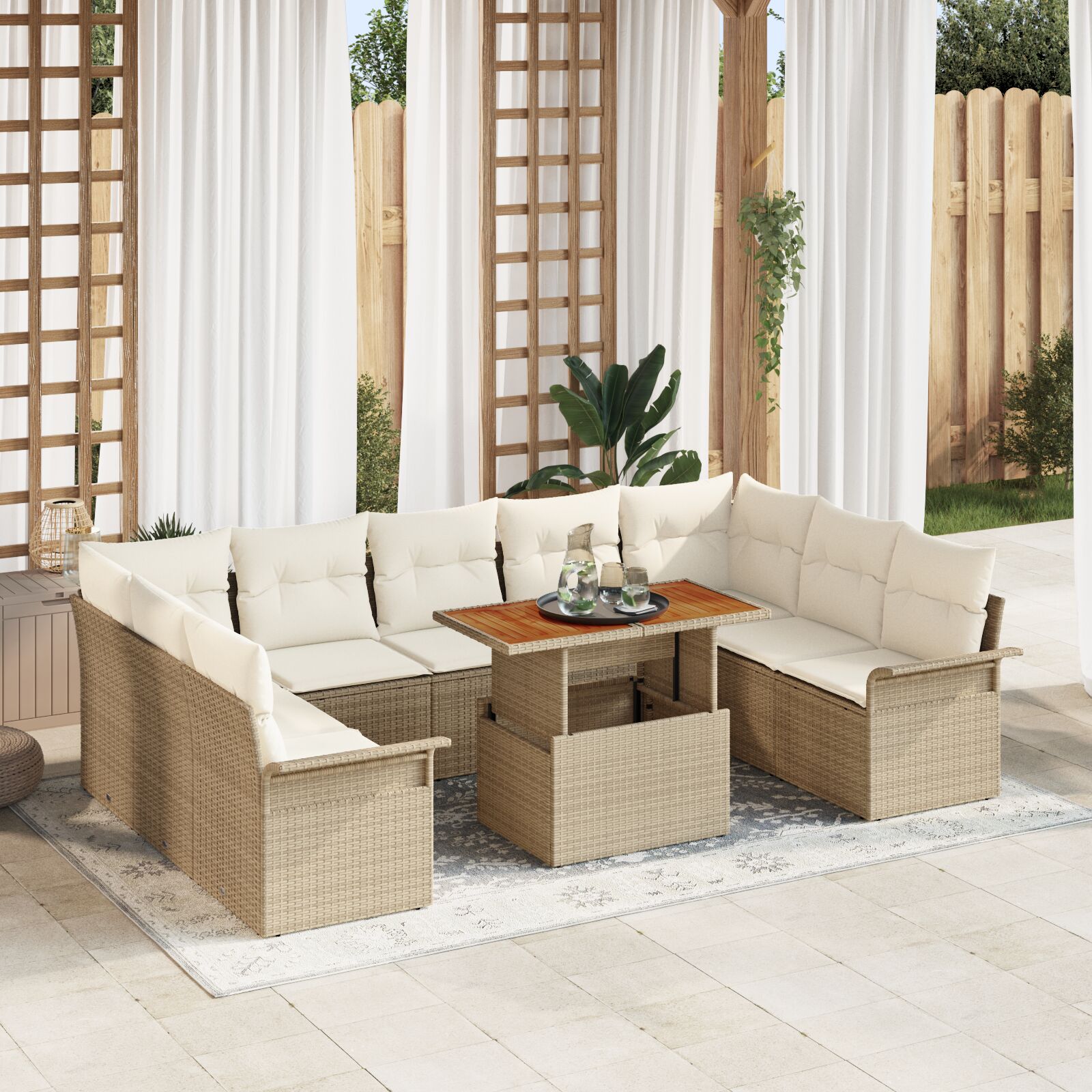 vidaXL 10-teilige Garten Essgruppe mit Kissen Beige Poly Rattan Akazie